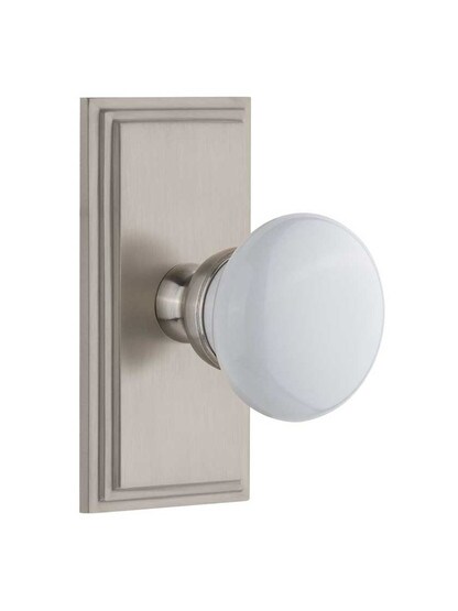 Grandeur Carre Rosette Door Set with Hyde Park White Porcelain Knobs in Satin Nickel.